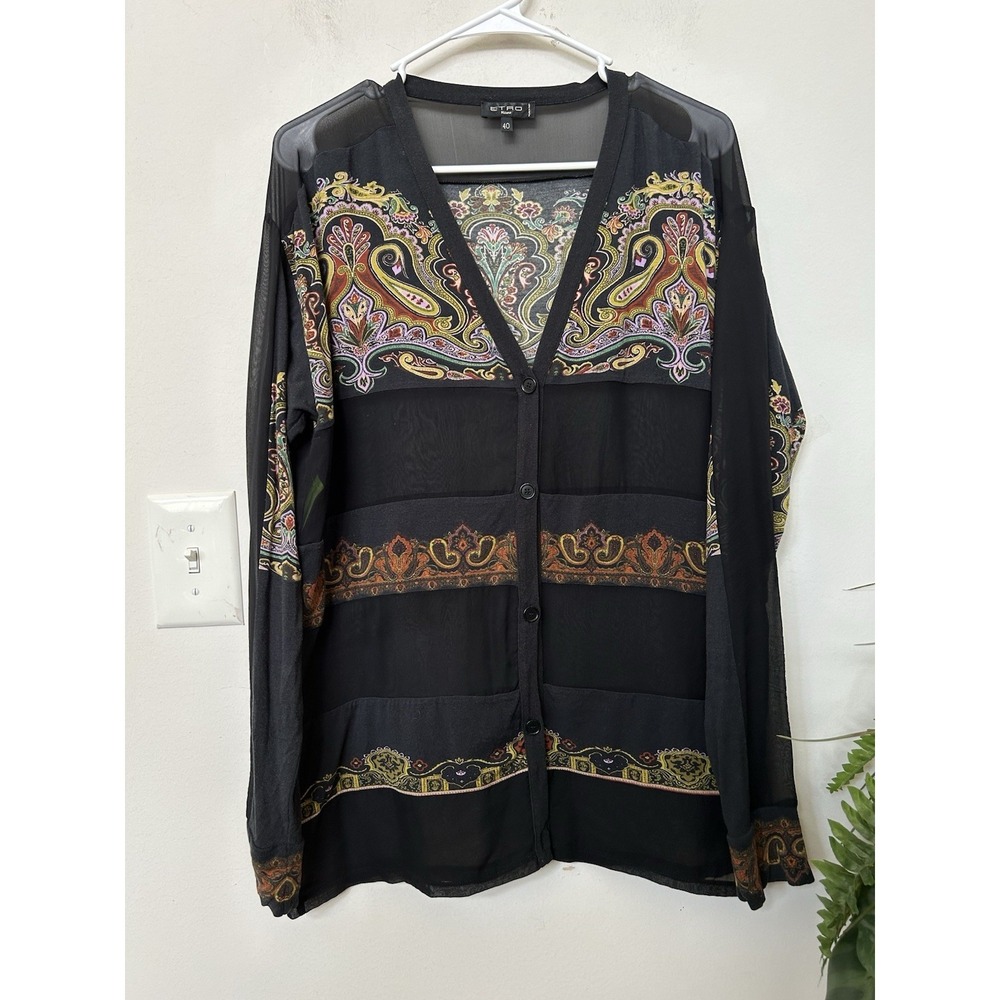 Etro Italy Black Silk Sheer Paisley‎ Button Cardigan Top Blouse Boho Luxury Sz S